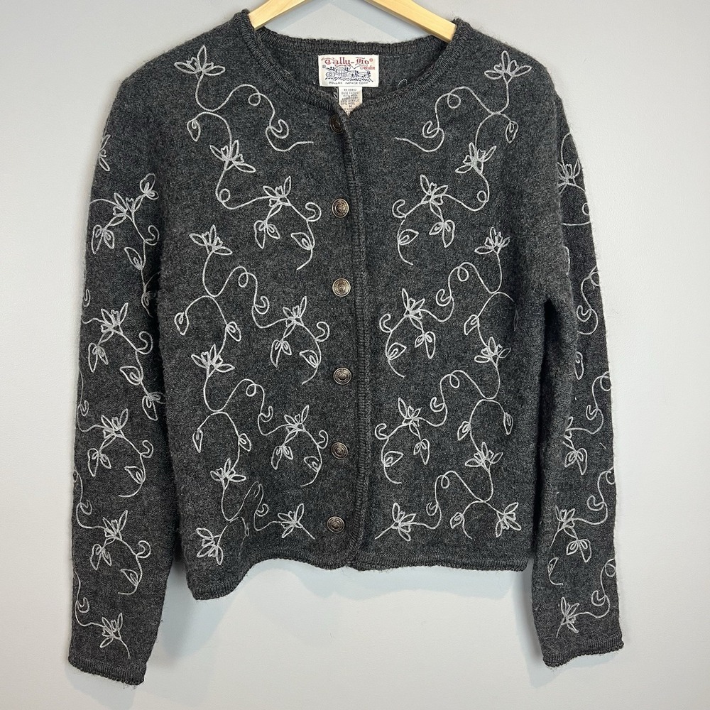 Tally Ho Gray Cardigan Sweater Womens Size Medium Wool Embroidered Metal Buttons